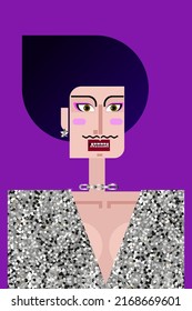 Flat portrait of queer person with bright makeup and mustache in evening attire. Dress with silver with glitter effect. Vector cartoon character of Drag Queen. Fashion concept.