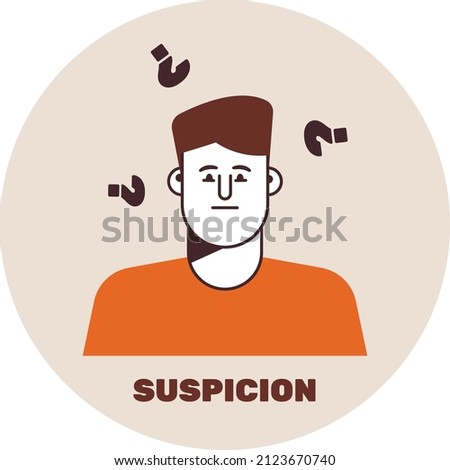 Flat portrait of a suspicious man, distrust. Vector image of emotion.