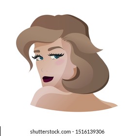 Flat portrait of young beautliful woman, looking over her shoulder pose.