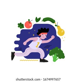 Retrato plano de un joven sano corre. Un estilo de vida sano y activo. Comer sano para el corredor. Atleta con pantalones deportivo número uno. Deporte, entrenamiento, correr.