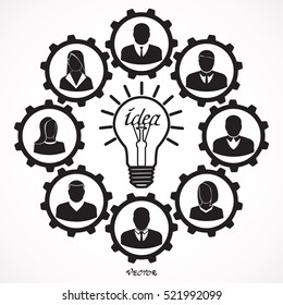 Flat portraits of staff with idea lamp isolated on white background