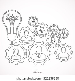 Flat portraits of staff with idea lamp isolated on white background