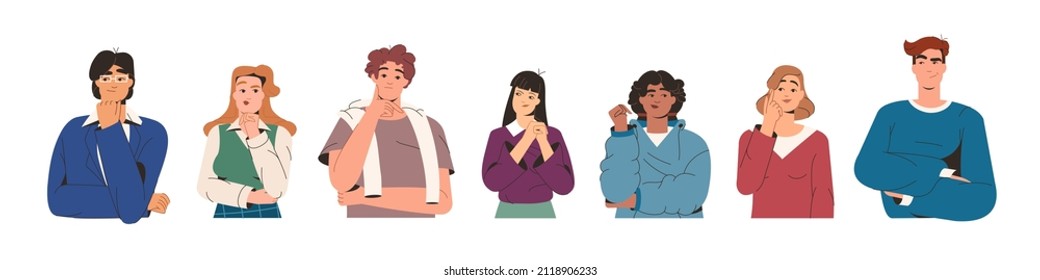 Flat portraits of thoughtful young people. Doubt people think about solving problem. Confused group of characters pondering trouble or planning decision. Puzzled men and women wondering or thinking.