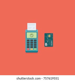 Flat Pos payment terminal and credit card. Cashless payment Illustration