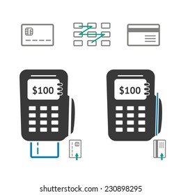 Flat POS terminal, credit card and keypad. Vector illustration.