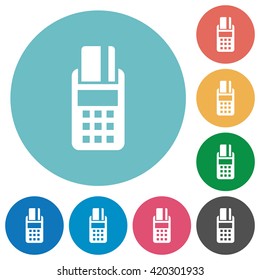 Flat POS terminal icon set on round color background.