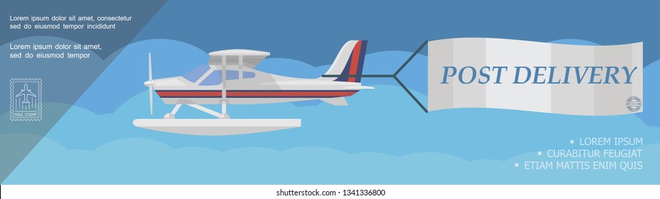 Flat post service horizontal template with flying float plane with Post Delivery inscription on banner vector illustration 