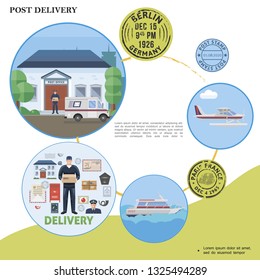 Flat post service template with postman courier post office float plane yacht van postbox envelope mail stamps vector illustration