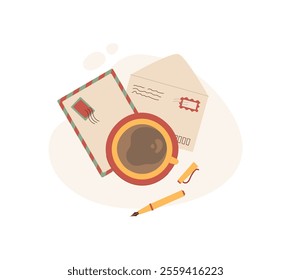 Flat postcard and envelope with note beside a coffee cup. Love letter and message in creative stationery style. Concept of communication, greeting, correspondence, suitable for various uses.