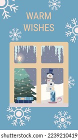 Flat postcard warm wishes window snowman