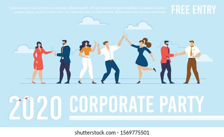 Flat Poster Advertising Free Enter to 2020 New Year and Christmas Celebration Party. Cartoon Happy Business People Group Drinking Champagne over Greeting Lettering. Editable Vector Illustration