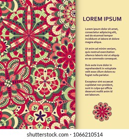 Flat poster or banner template with beautiful ornamental flowers. Vector illustration.