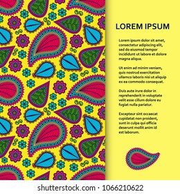 Flat poster or banner template with beautiful ornamental paisley. Vector illustration.