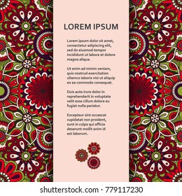 Flat poster or banner template with beautiful ornamental flowers. Vector illustration.
