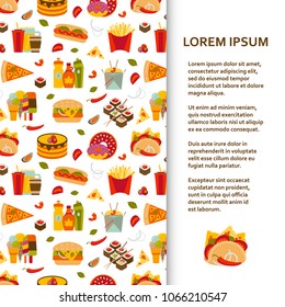 Flat poster or banner template with fastfood icons. Vector illustration.