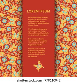 Flat poster or banner template with flowers and butterflies. Vector illustration.