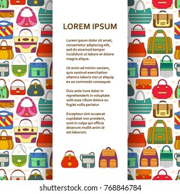 Flat poster or banner template with hand bags. Vector illustration.
