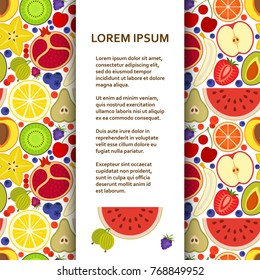 Flat poster or banner template with many fruits. Vector illustration.