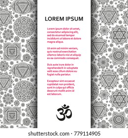 Flat poster or banner template with ornamental chakras. Vector illustration.