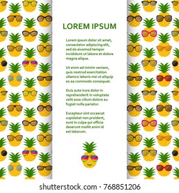 Flat poster or banner template with pineapples and glasses. Vector illustration.