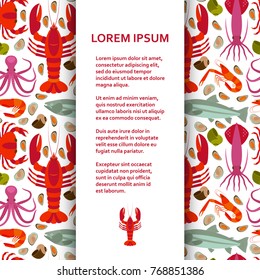 Flat poster or banner template with seafood. Vector illustration.