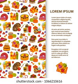 Flat poster or banner template with sweets. Vector illustration.