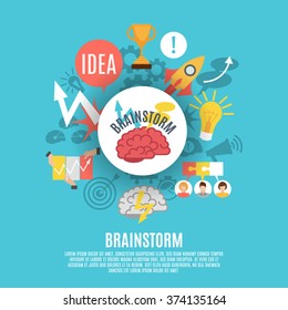 Flat poster composed of different brainstorm icons including red brain in center on blue background vector illustration
