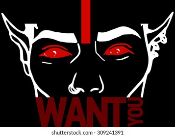 Flat poster with demon freehand art, simple design, Halloween party invitation, a message "I want you in my life", a deal with the devil