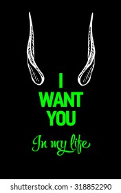 Flat poster with demon freehand art, simple design, Halloween party invitation, a message "I want you in my life", a deal with the devil