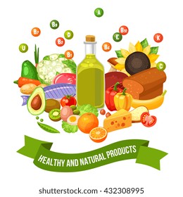 Flaches Poster aus verschiedenen gesunden und natürlichen Bio-Lebensmitteln mit Vitamingruppen auf der oberen Vektorgrafik