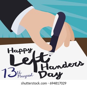 Flat poster with a elegant handwriting a paper with a pen, a greeting message celebrating International Left Handers Day.