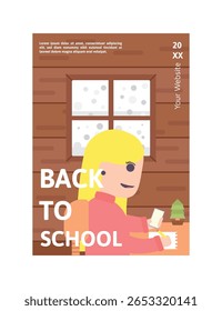 Flat Poster of Kids Studying Inside a Snowy Winter Cabin with Warm Clothes and Hot Drinks