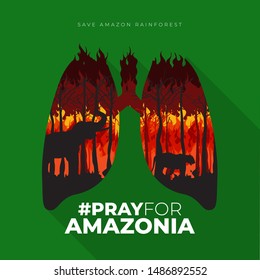 Flat Poster "Pray For Amazonia" illustrated with lungs and forest fires vector