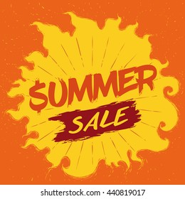Flat poster for Summer sale with giant sun in hand drawn style and sale brushstroke sign.