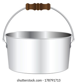 Flat pot for the bonfire with a wooden handle. Vector illustration.