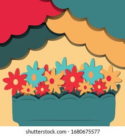 Flat potted flowers under canopy. Vector illustration.