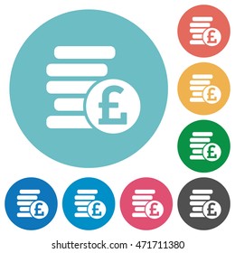 Flat Pound coins icon set on round color background.