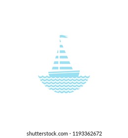 Flat powder blue silhouette of yacht with two sails and little waving flag on the water. Boat isolated on white background. Summertime marine greeting card. Travel logo. Vector illustration. 