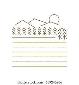 Flat prairie land below trees and mountains. Simple rough line.