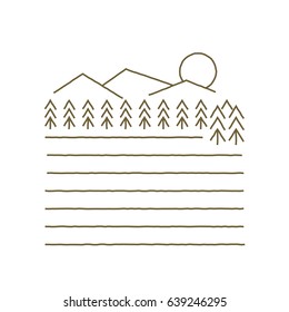 Flat prairie land below trees and mountains. Simple rough line.