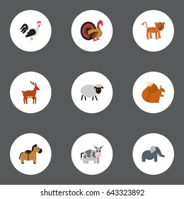 Flat Predator, Panther, Rooster And Other Vector Elements. Set Of Animals Flat Symbols Also Includes Leopard, Horse, Horns Objects.