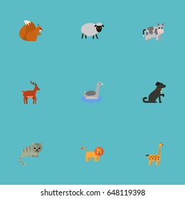 Flat Predator, Waterbird, King And Other Vector Elements. Set Of Beast Flat Symbols Also Includes Waterbird, Goose, Sheep Objects.
