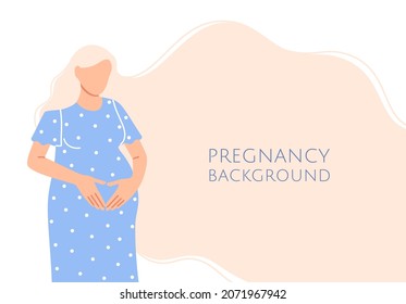 Flat pregnancy background with text space. Caucasian expectant woman touching her pregnant belly. Beautiful mother with long hair. Female parent waiting for baby birth. Character vector illustration.