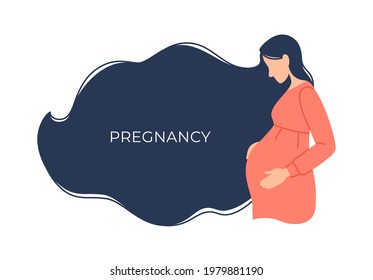 Flat pregnant woman isolated banner. Caucasian expectant mother waiting baby birth touching belly. Pregnancy background. Happy pretty lady parenthood. Child anticipation parenting vector illustration.