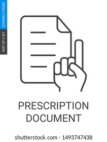 Flat prescription document icon for web page design. Simple isolated document with hand pictogram. Vector prescription document symbol in symple outline style.