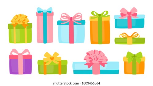 Juego de cuadros de regalo plano. Coloridas cajas de regalo de dibujos animados de cumpleaños con cintas y arcos. Parte presente o colección de paquetes. Ilustración del vector