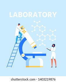Flat Presentation for Modern Scientific Laboratory with Huge Microscope and Molecular Chain. Vector Researchers and Analytics Working with Lab Equipment Illustration. Nanomedicine and Biotechnology