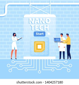 Flat Presentation for Nano Tech Center in Loft Style. Scientists Work on Micro Chip Creation. Vector People, CPU with Start Button and Microcircuits Illustration. Robots, AI, Medical Innovation Idea