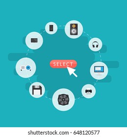 Flat Presentation, System Unit, Monitor And Other Vector Elements. Set Of PC Flat Symbols Also Includes Headphone, Laptop, Monitor Objects.