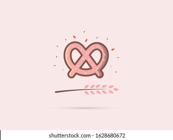 flat pretzel icon with spikelet and sesame seeds on a uniform pale background